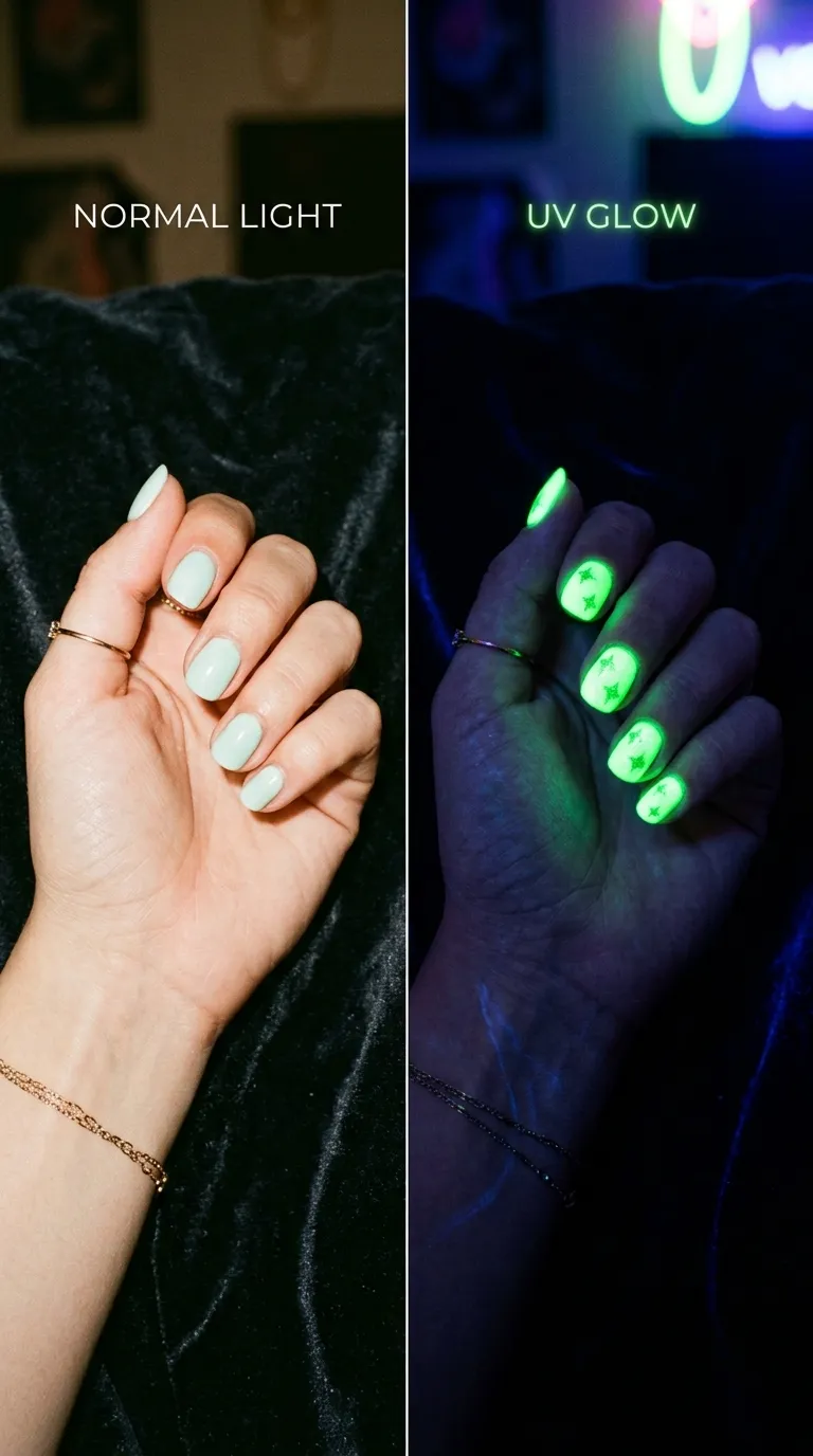 A split photograph showing a hand with pale green-white nails in normal lighting on the left, and the same hand in darkness on the right with the nails glowing bright green and small star shapes glowing even brighter. Dark room with UV-reactive glow. Creative, fun composition. Shot with long exposure in a dark setting.