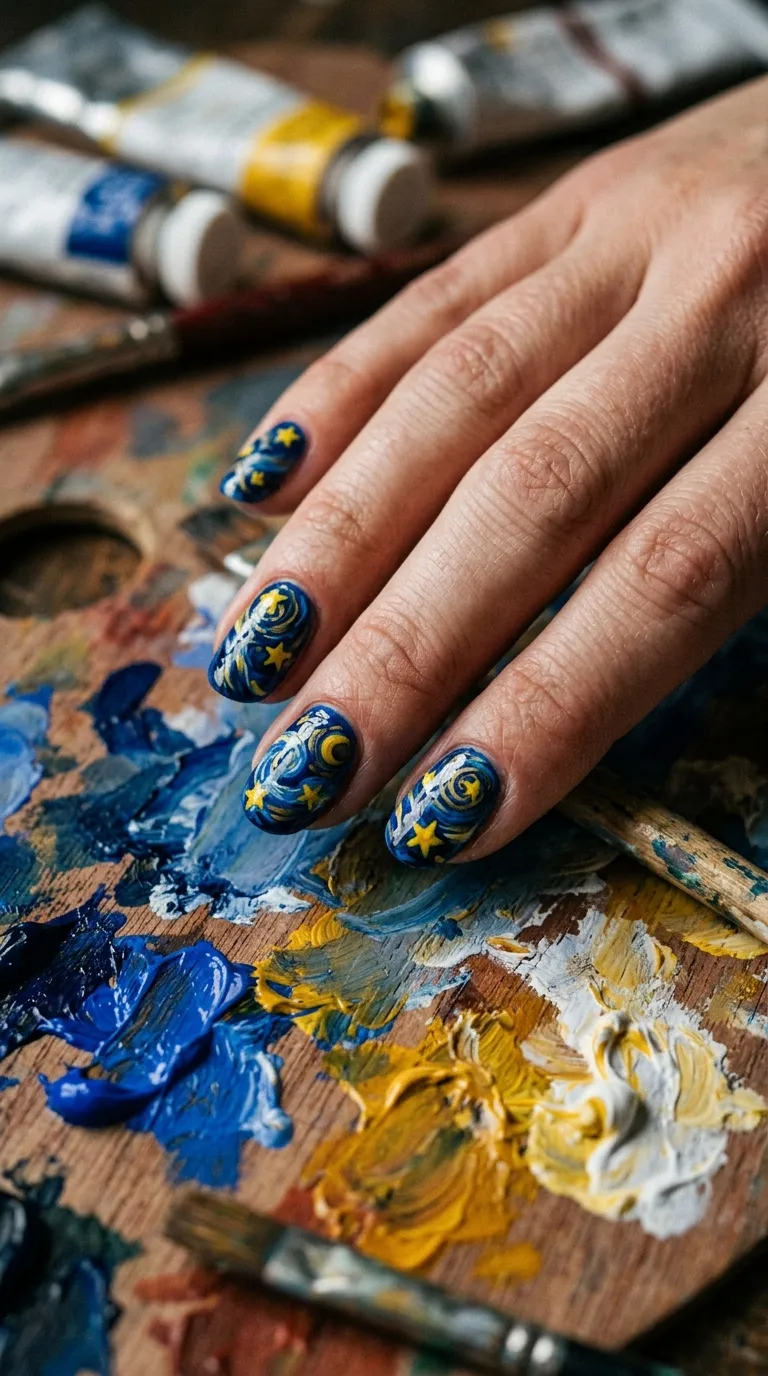 A artistic close-up of nails painted in swirling deep blues and yellows inspired by Van Gogh's Starry Night. Bold yellow star shapes with radiating swirl lines dot each nail. The hand rests on a paint palette with blue and yellow oil paint smears. Artistic, painterly lighting. Shot with a macro lens, rich texture detail visible.
