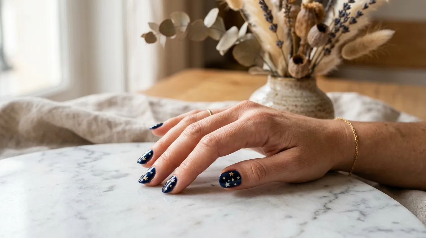 A close-up photograph of a woman's hand resting on a marble surface, fingers slightly curved, showcasing glossy dark navy nails decorated with tiny gold and silver star shapes. Soft natural window light catches the metallic star accents, creating a subtle shimmer. The background is softly blurred with a vase of dried flowers. Shot with a macro lens, shallow depth of field, warm tones.