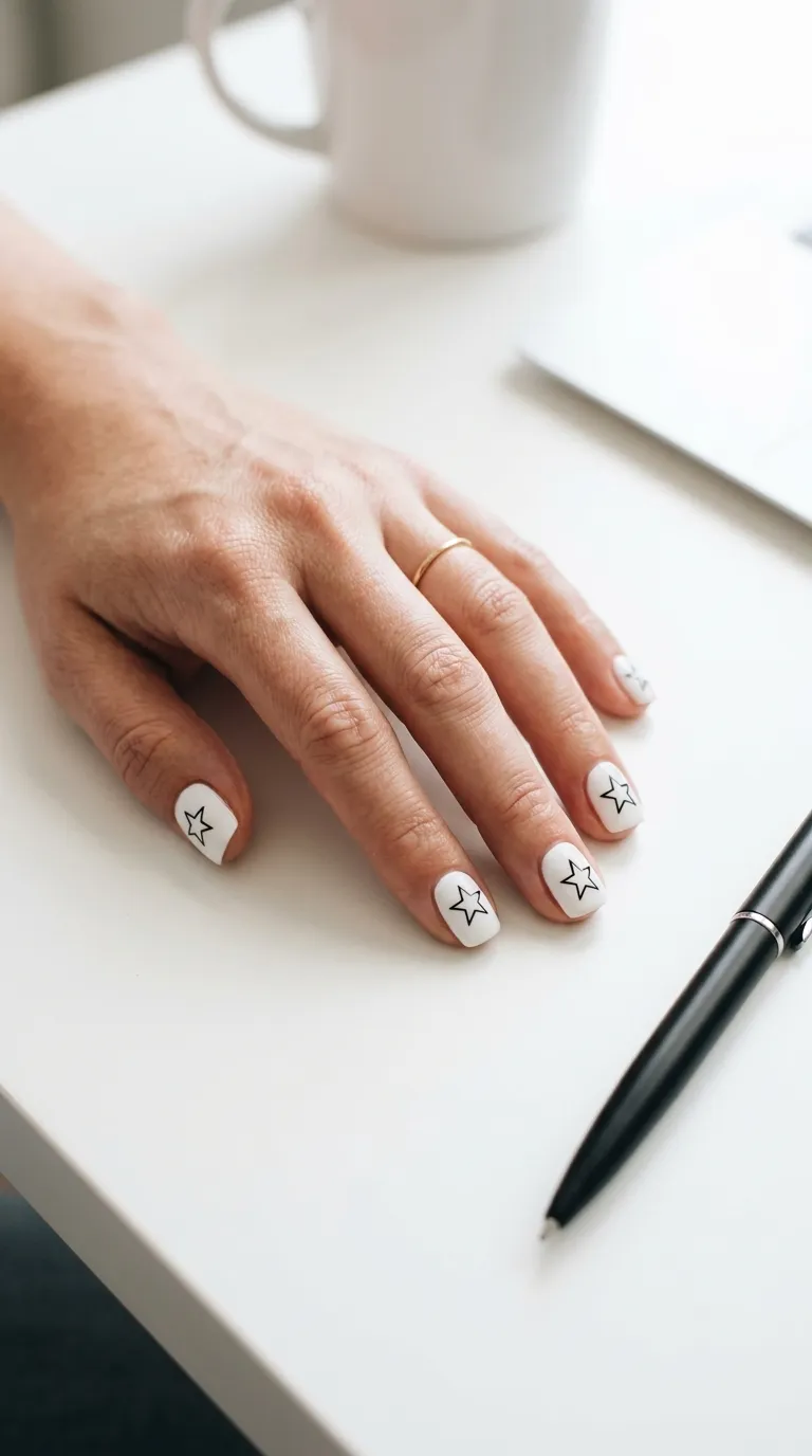 A clean, modern photograph of short squoval nails painted in opaque white with thin black star outlines drawn on each nail — unfilled, just the geometric outline of a star. The hand rests on a minimalist white desk with a black pen nearby. High-key lighting, very clean and graphic. Shot on a mirrorless camera with a prime lens.