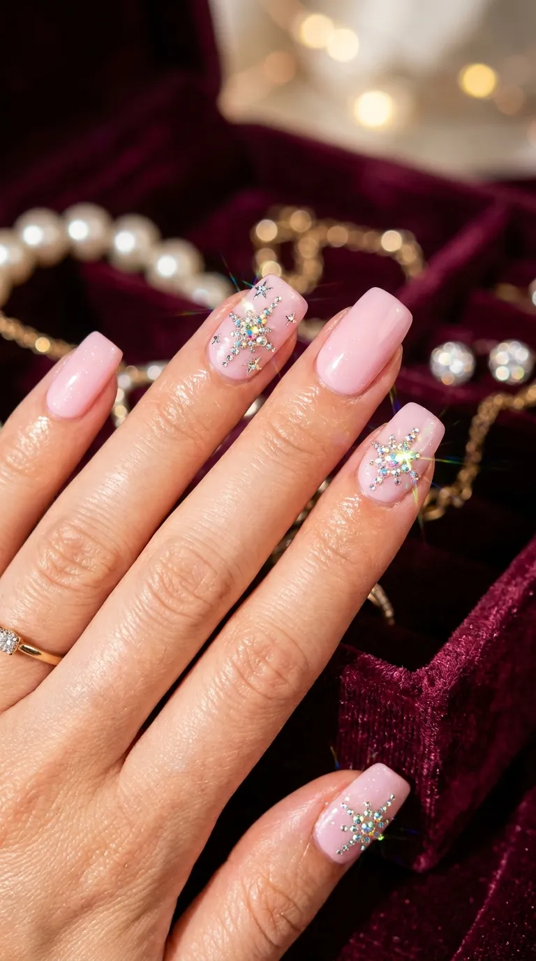 A luxurious close-up of soft pink nails with a cluster of tiny clear and iridescent rhinestones arranged in star formations on the ring finger and pinky. The rhinestones catch and refract light in multiple directions. The hand rests on a velvet jewelry box. Warm, glowing lighting with sparkle points. Shot with a macro lens at f/2.8, beautiful bokeh.