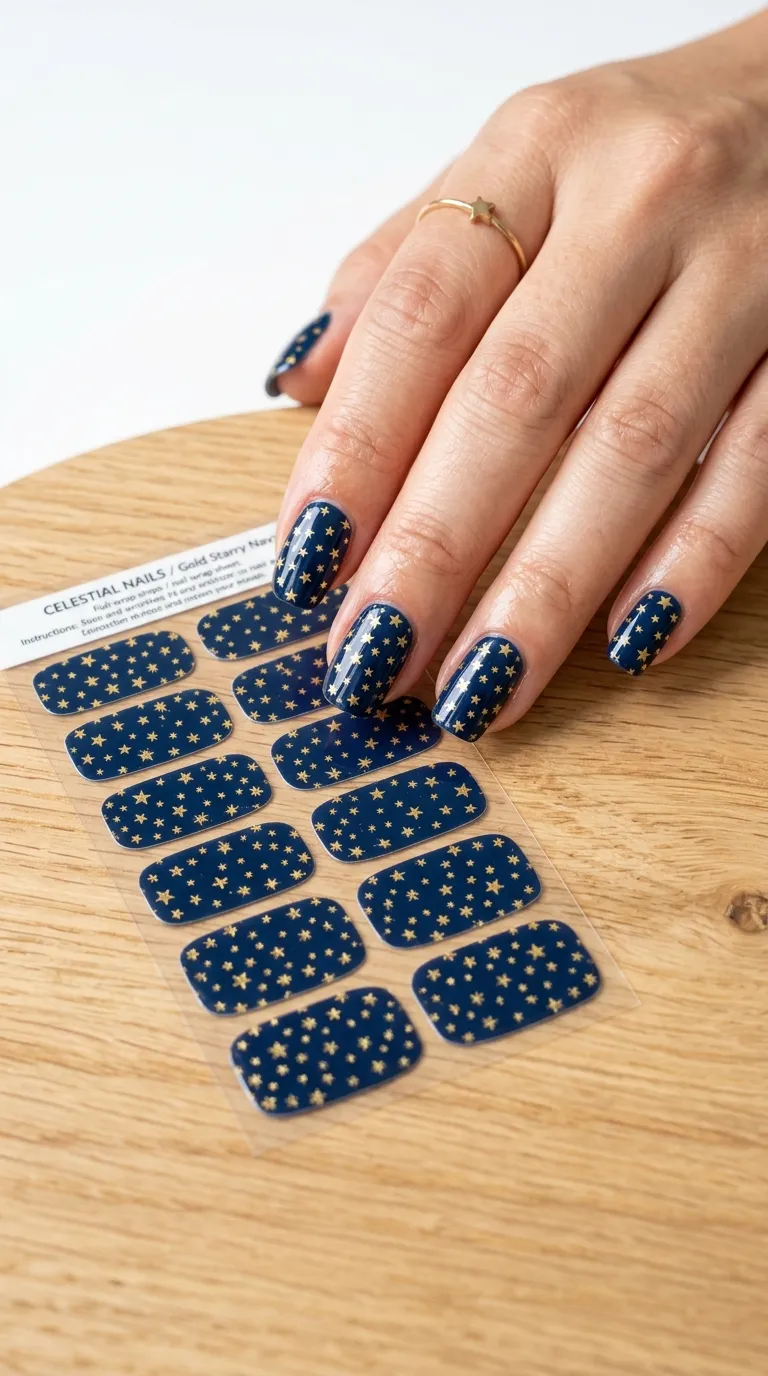 A clean photograph of a hand with perfectly patterned nails covered in full-coverage nail wraps featuring an all-over gold star pattern on a navy background. The wraps fit seamlessly with no visible edges. The hand is positioned next to the nail wrap sheet on a wooden table. Bright, well-lit product-style photography. Shot on a white sweep background.