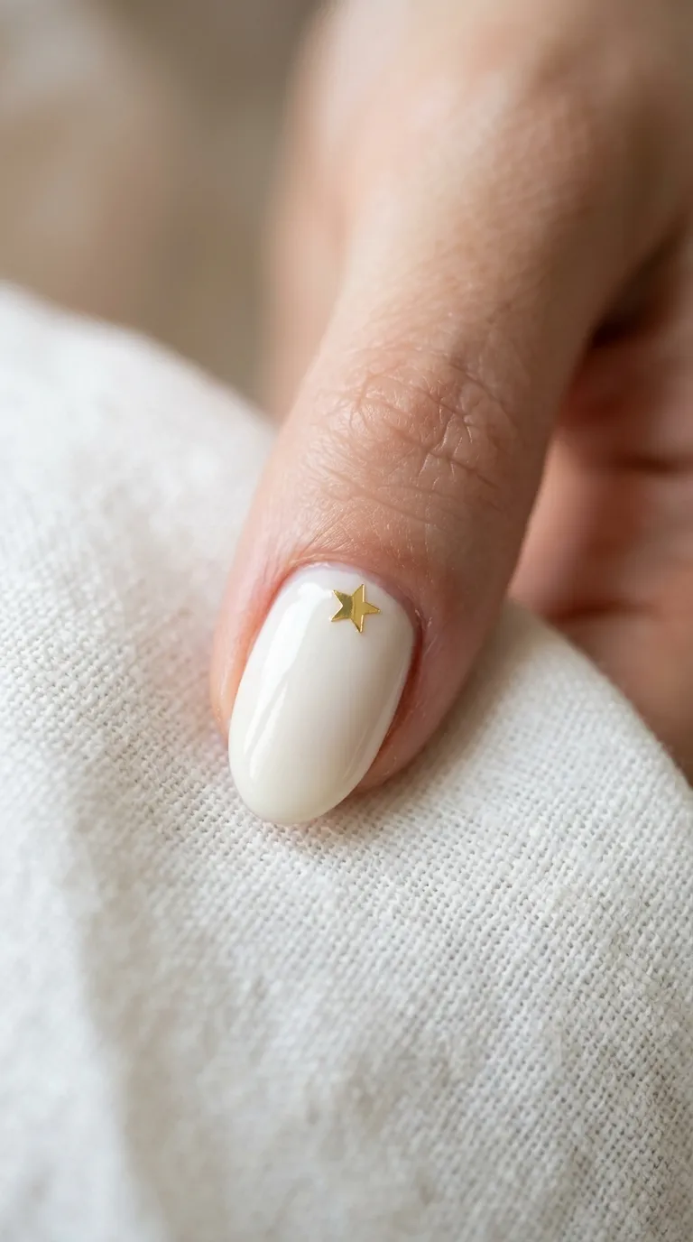 A detailed macro photograph of a single fingernail painted in creamy white gel polish with one small gold metallic star sticker placed near the cuticle area. The hand rests on a white linen cloth. Soft studio lighting highlights the reflective gold star. Clean, minimal composition with a blurred neutral background. Shot on a full-frame camera with a 100mm macro lens.