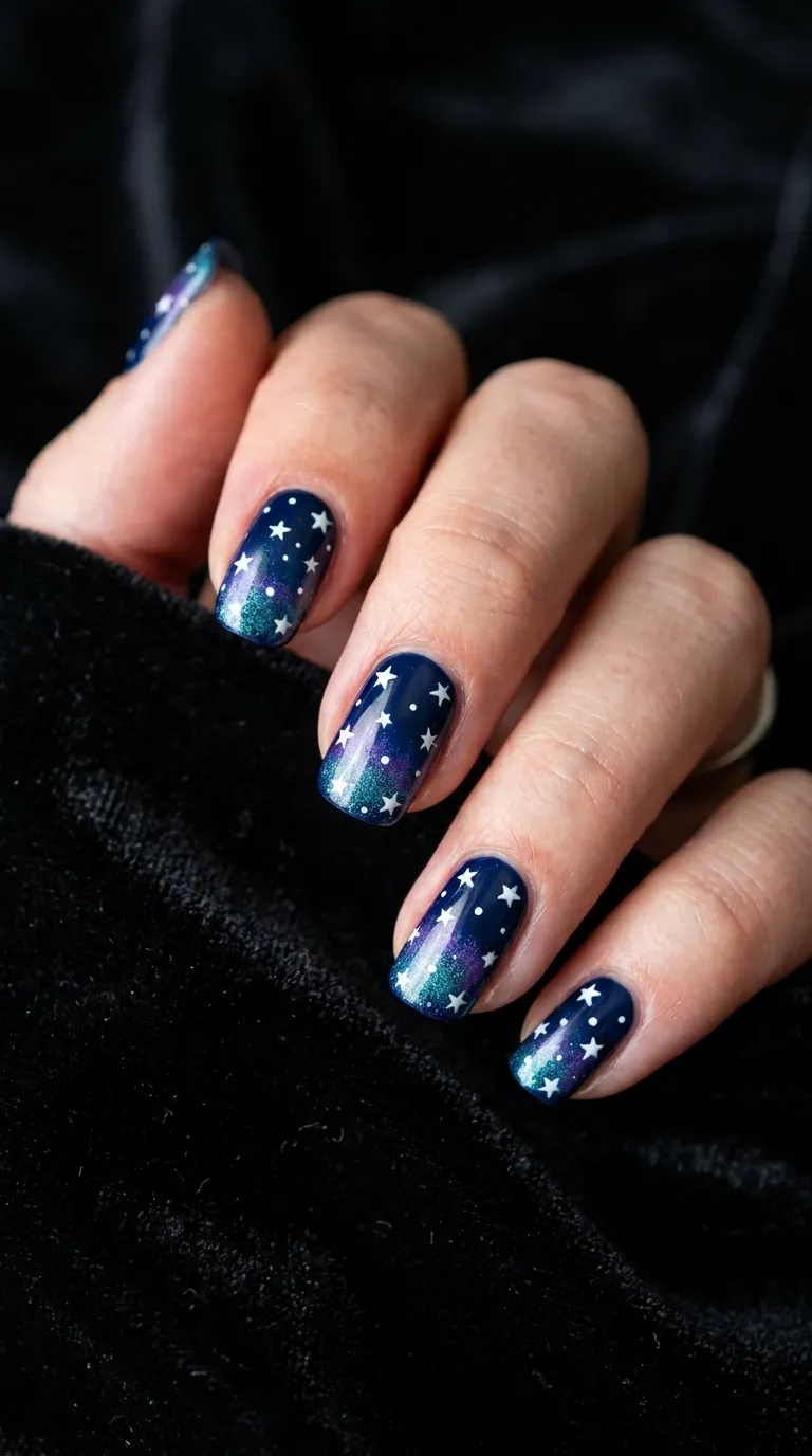 A close-up of five fingernails painted in deep midnight blue with a sponged-on gradient of purple and teal near the tips. Small white five-pointed stars are dotted across the nails using a thin brush. The hand rests on a dark velvet surface. Dramatic side lighting creates depth and sparkle. Captured with a DSLR, sharp focus on the ring finger.