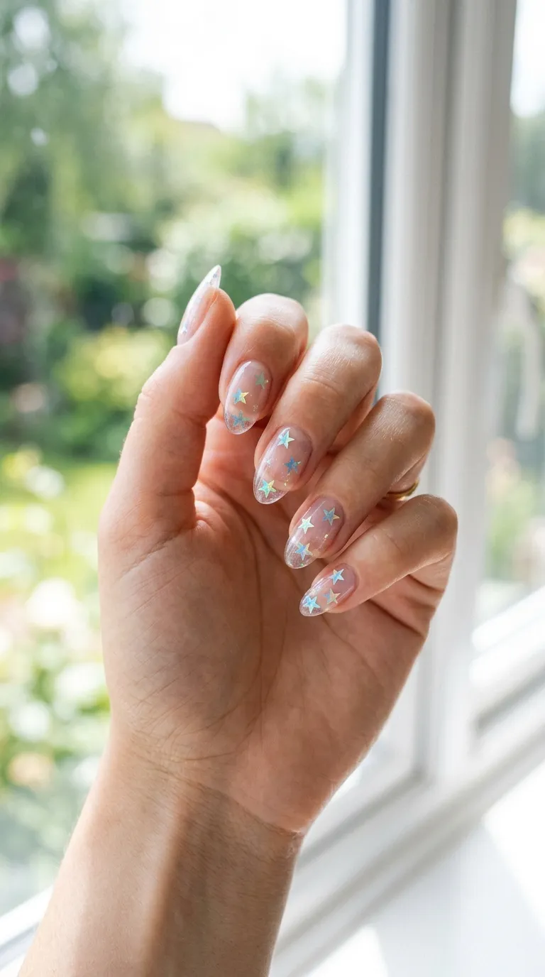 A photograph of a hand with transparent clear-coated nails, each containing two or three small holographic star-shaped glitters suspended within the clear layers. The hand is held up against a bright window with soft daylight streaming through. The stars catch rainbow light. Shot with natural light, Canon camera, crisp and airy aesthetic.