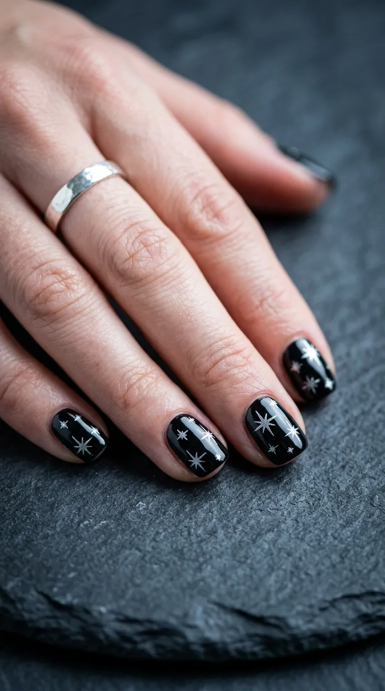 A sharp close-up of glossy jet-black painted nails with precise silver stamped star patterns across each nail. The hand is positioned on a dark slate surface with a silver ring on the index finger. Cool-toned studio lighting reflects off the glossy finish. Shallow depth of field, shot on a mirrorless camera with a macro attachment.