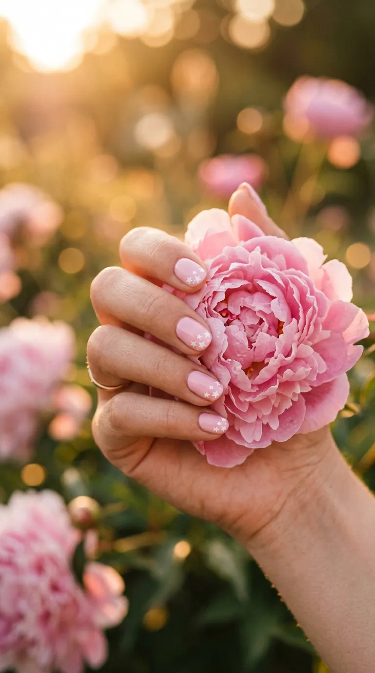 A soft-focus macro photograph of a woman's hand with nails painted in baby pink, each nail adorned with three to four small white hand-painted stars near the tips. The hand holds a pink peony flower. Warm golden-hour light fills the frame. Dreamy, feminine aesthetic. Shot with a 90mm macro lens on a full-frame body.