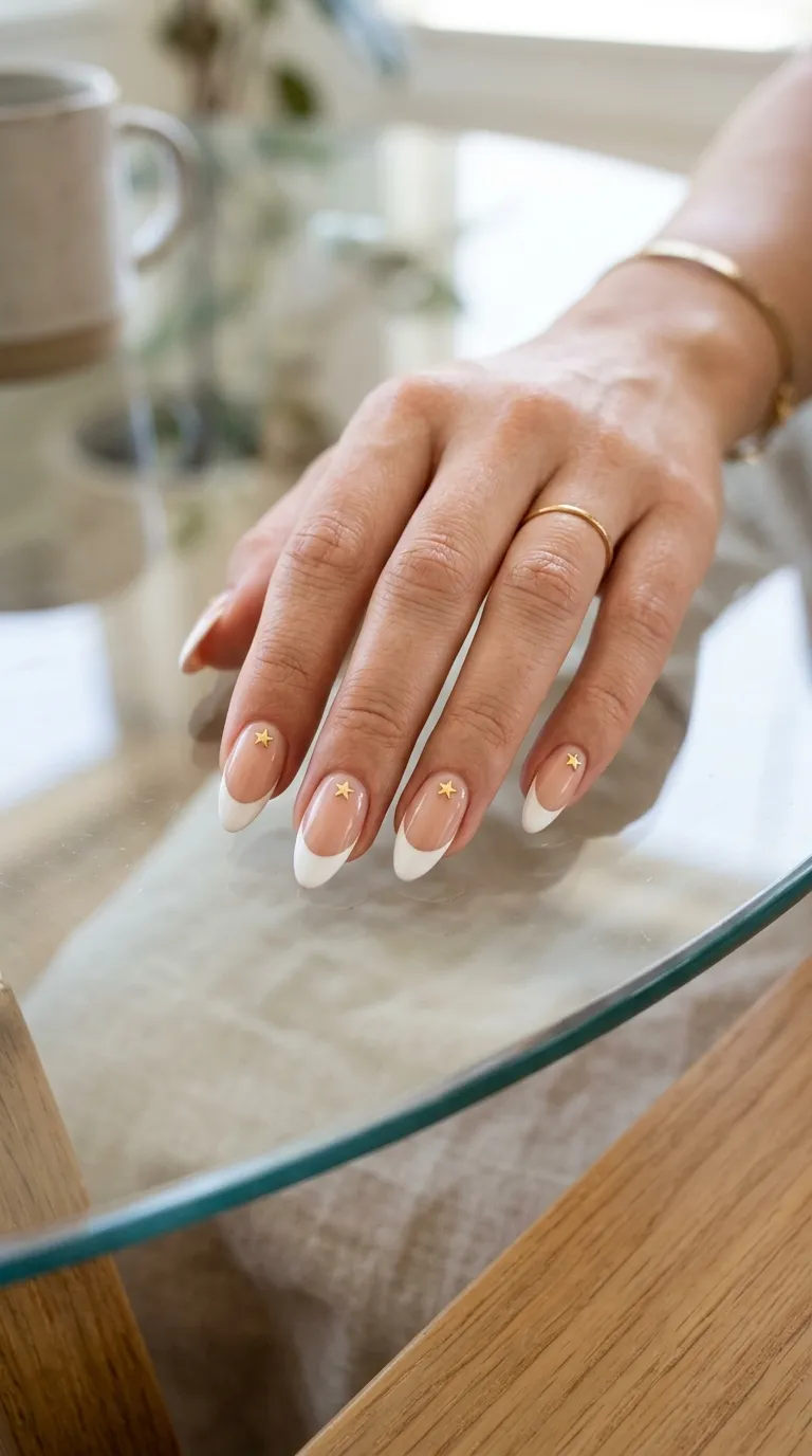 A crisp photograph of elegant almond-shaped nails with a classic white French tip. A single small gold star sits just below the white tip line on each nail. The hand rests on a glass tabletop with soft reflections. Clean, bright lighting from above. Minimalist composition, shot with a prime lens, tack-sharp detail on the nails.