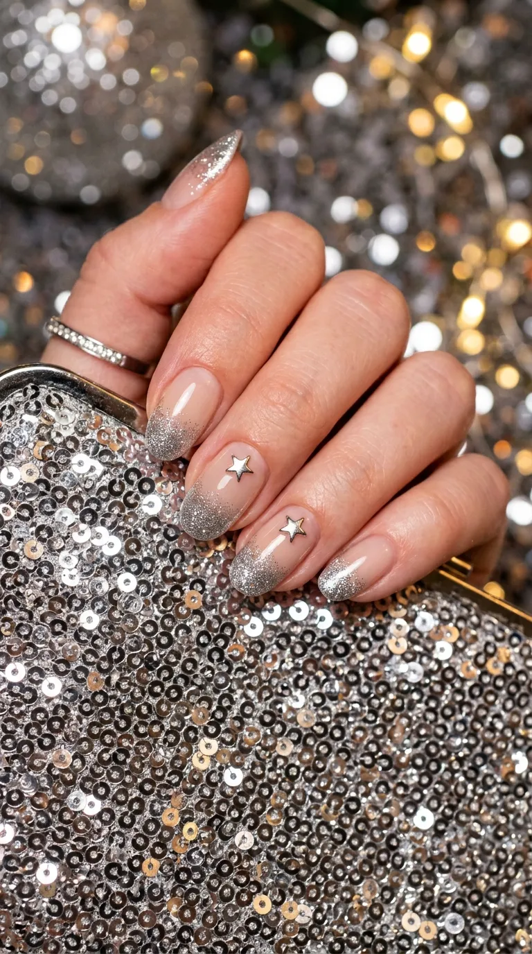 A close-up of round-shaped nails with a nude-to-silver glitter gradient fading from the tips downward. Small metallic silver star charms sit near the cuticle on two accent nails. The hand is placed on a sequined silver clutch bag. Sparkly, festive lighting. Shot with a macro lens on a Sony mirrorless camera, sharp and glittery.