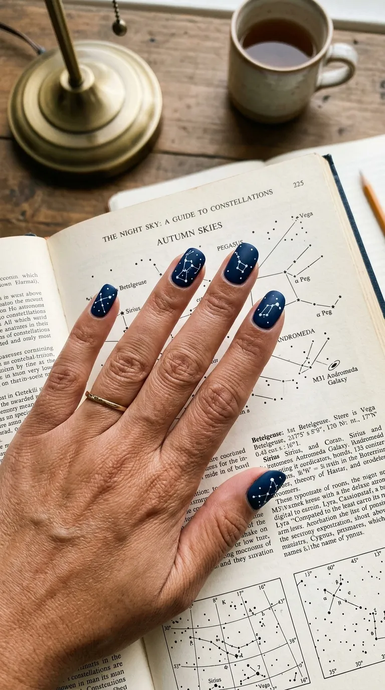 A detailed photograph of a hand with matte dark blue nails. Fine white dots connect in constellation patterns across each nail, with slightly larger dots representing stars. Thin white lines link the dots like a star chart. The hand rests on an open astronomy book. Soft desk lamp lighting, shot from above, clean and editorial.