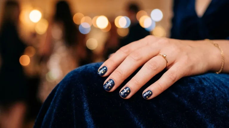 A close-up photograph of a woman's hand resting on a velvet surface, nails painted in deep midnight blue with tiny gold and silver star-shaped glitter accents catching the light. Soft bokeh party lights glow in the background. Shot with shallow depth of field, warm ambient lighting, and rich color saturation on a full-frame camera with a macro lens.
