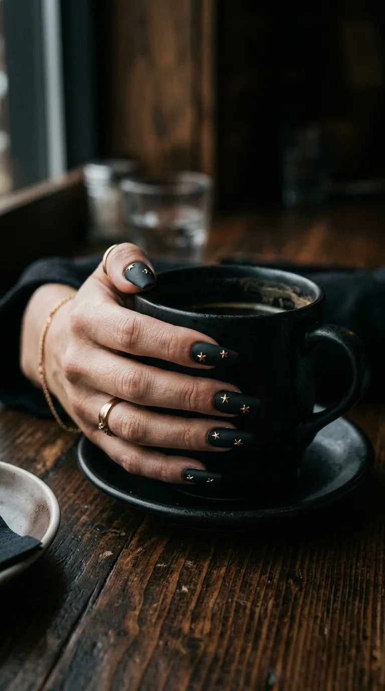 A moody photograph of a hand with coffin-shaped nails in matte black, each nail adorned with one or two tiny gold metal star studs pressed into the surface. The hand grips a matte black coffee mug on a dark wooden table. Low-key directional lighting creates dramatic shadows. Shot with a Sony A7 IV and Sigma 105mm macro lens.
