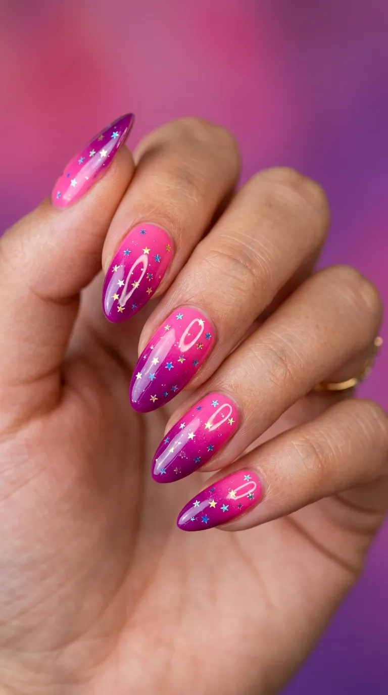 A vibrant close-up of almond-shaped nails with a smooth gradient blending from hot pink at the base to deep purple at the tips, scattered with tiny iridescent star-shaped glitters across the surface. The hand is posed against a gradient purple-pink backdrop. Ring light reflections visible on the nail surface. Shot with a Canon EOS R6 Mark II and 100mm macro lens.