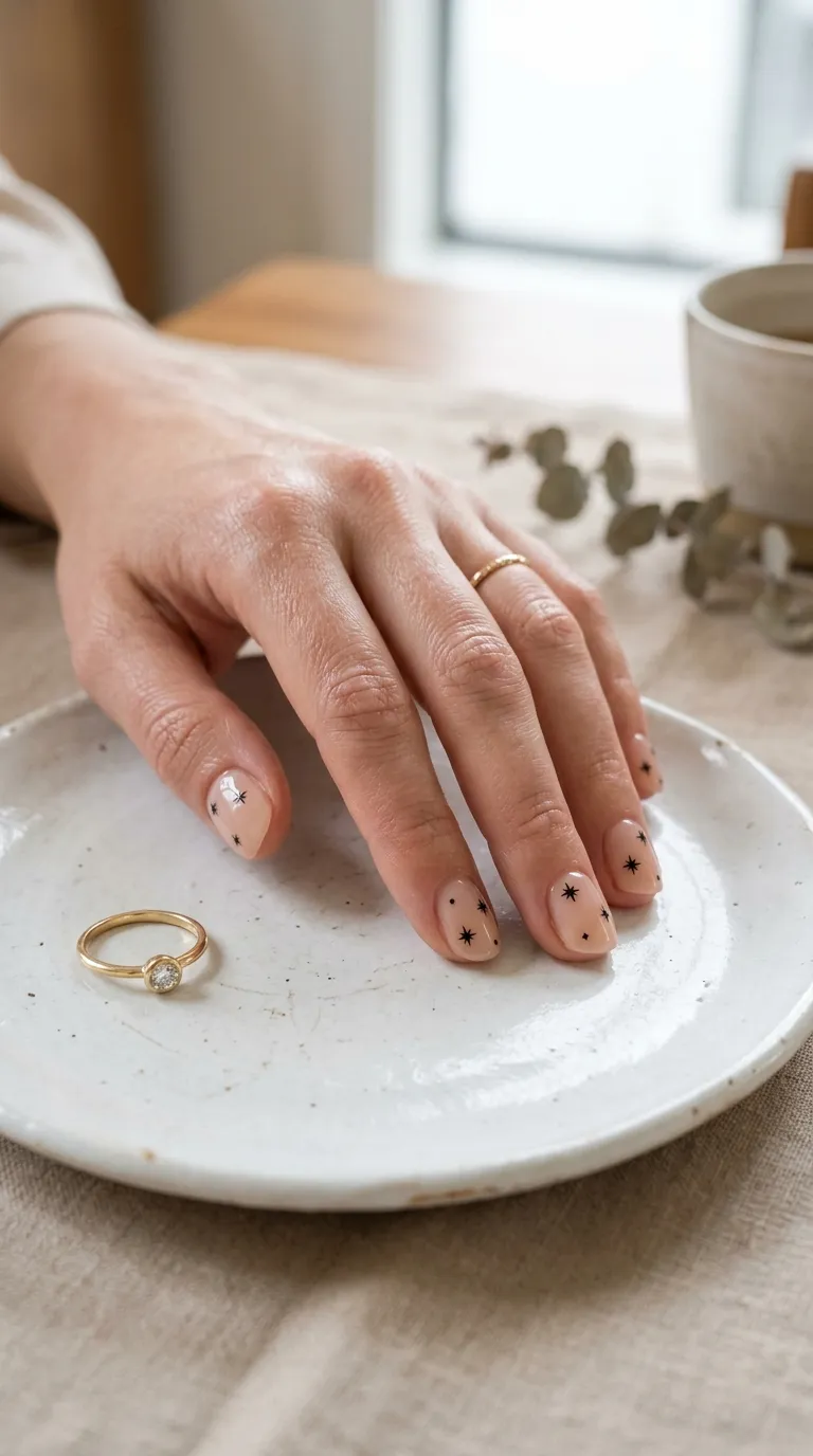 A clean, editorial-style photograph of a hand with short natural nails coated in a sheer nude gel-like polish, each nail decorated with three to four micro-sized black star stamps in an asymmetric pattern. The hand rests on a white ceramic plate beside a gold ring. Soft studio lighting with no harsh shadows. Shot with a Fujifilm X-T5 and 80mm macro lens.