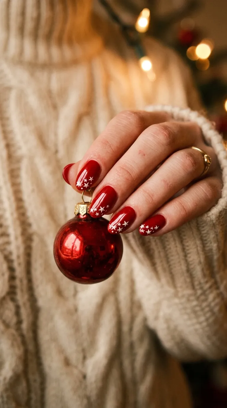 A festive close-up photograph of a hand with medium oval nails painted in classic cherry red, featuring clusters of tiny white hand-drawn stars grouped near the tip of each nail. The hand holds a red ornament against a cream knit sweater background. Warm incandescent lighting. Shot with a Leica Q3 and its fixed 28mm Summicron lens.