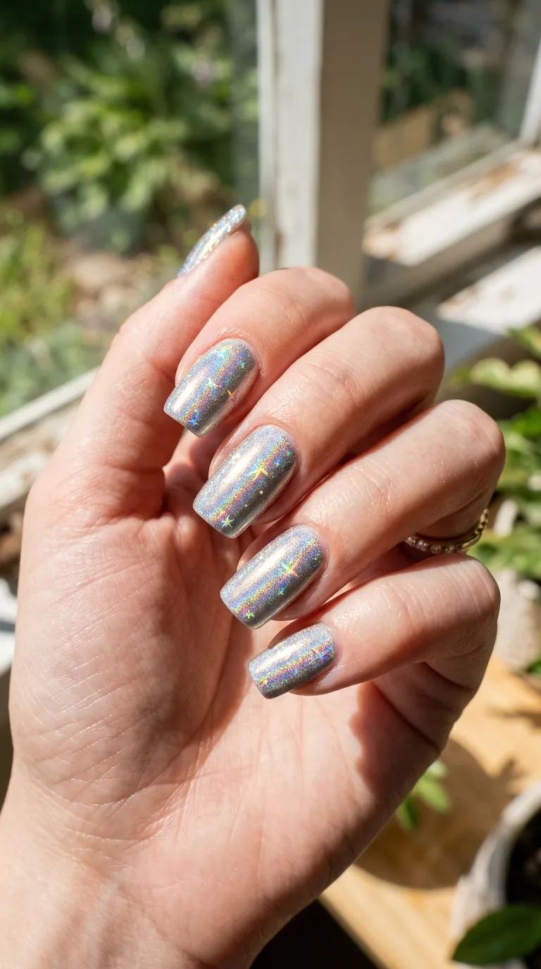 A mesmerizing close-up of a hand with squoval nails coated in a silvery holographic polish that reflects rainbow star-shaped light patterns across the nail surface. The hand is angled under direct sunlight near a window, creating prismatic flashes of color. Shot outdoors with a Sony A7R V and 90mm G macro lens.