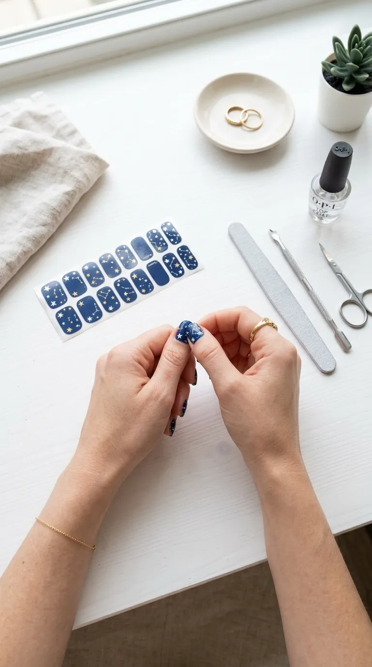 A bright overhead photograph of a woman applying a star-patterned nail wrap to her thumbnail, several other nails already covered in matching wraps showing navy blue backgrounds with white and gold stars. Tools like a nail file and cuticle pusher are arranged neatly on a white desk. Shot with a Canon EOS R5 and 35mm f/1.4 lens.