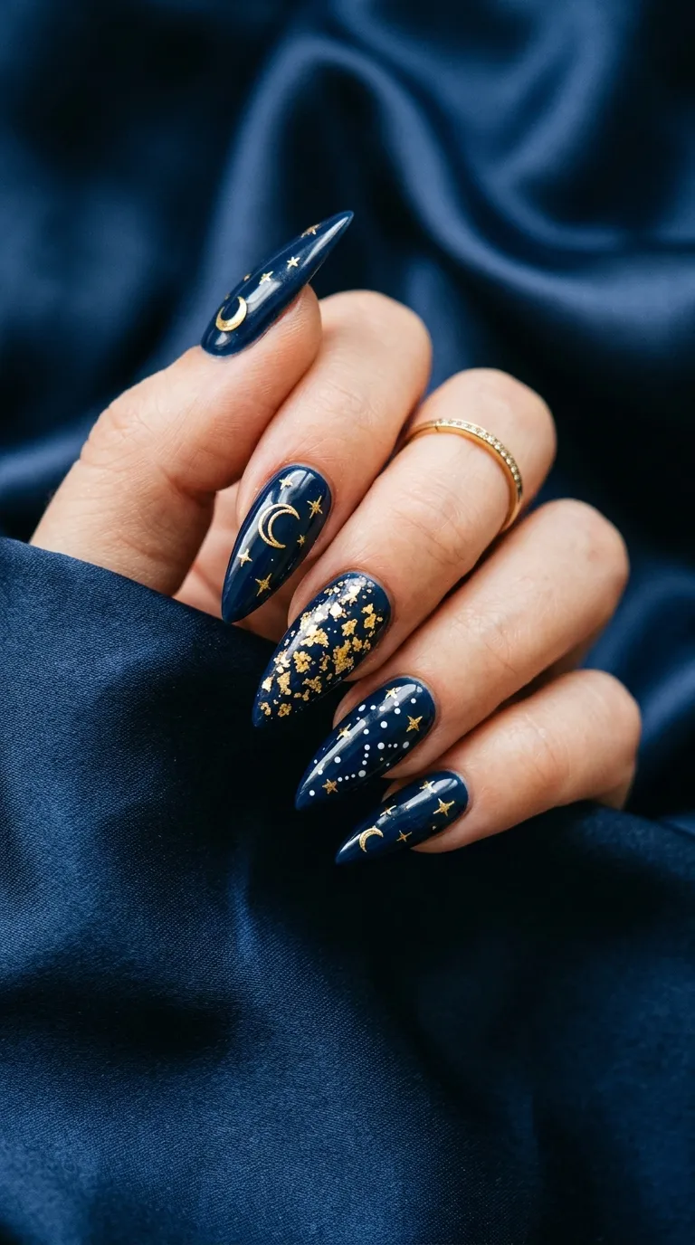 A dreamy close-up of a hand with stiletto-shaped nails in midnight blue, each nail decorated with a different celestial element — a crescent moon on one, tiny stars on another, small white dots on the next. Gold leaf flecks are scattered on the accent nail. The hand rests on dark blue satin fabric. Shot with a Nikon Z9 and 105mm micro lens.