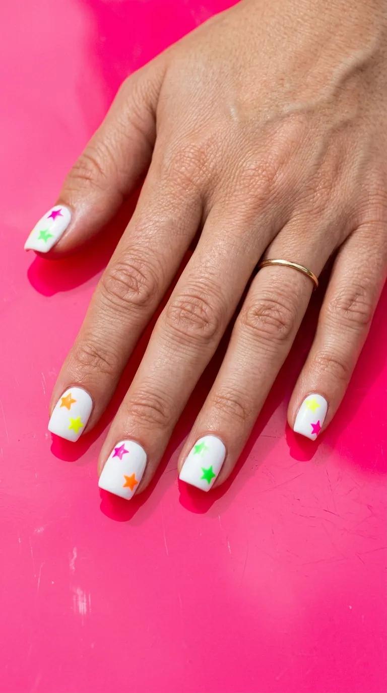 A punchy, high-contrast photograph of a hand with short square nails painted in bright white, each nail featuring one or two small neon-colored stars — pink, orange, green, and yellow — in different positions. The hand is placed on a neon pink acrylic surface under bright even lighting. Shot with a Fujifilm GFX 100 II and 110mm macro lens.