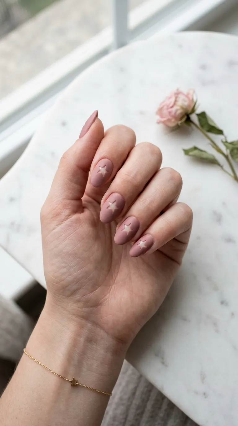 A minimalist close-up of a hand with medium-length oval nails, each painted in dusty rose with one unpainted star-shaped negative space cutout on each nail revealing the bare nail underneath. The hand is positioned on a white marble slab with a single dried flower nearby. Soft, even natural lighting. Shot with a Hasselblad X2D and 90mm lens.