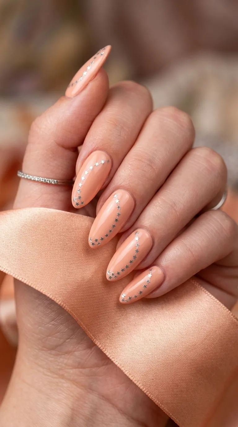 A detailed macro photograph of a hand with long almond nails in soft peach, each nail featuring a curved trail of tiny stamped silver stars arcing from the cuticle to the tip like a shooting star path. The hand rests on a peach-colored silk ribbon. Studio lighting with gentle highlights. Shot with a Canon EOS R3 and RF 100mm macro lens.