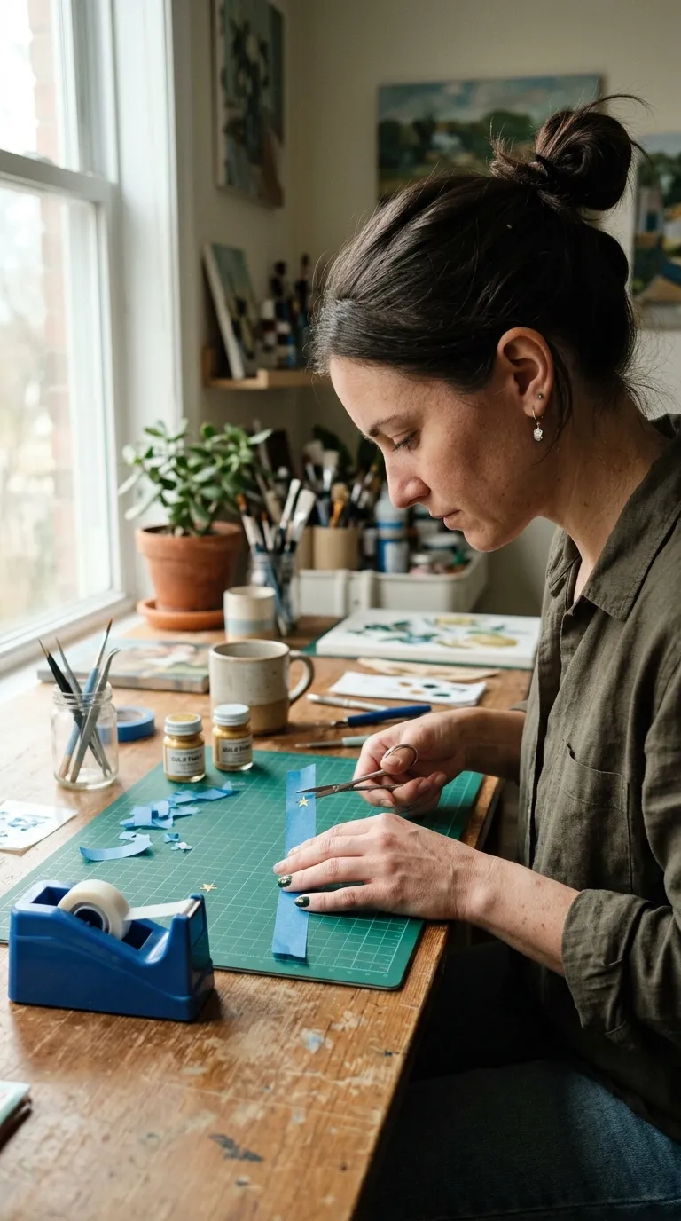 A behind-the-scenes photograph of a woman creating star stencils by cutting small star shapes from thin painter's tape with tiny scissors. Several nails on her other hand show the finished result — crisp gold stars against a dark green base. A cutting mat and tape dispenser sit on the table. Natural daylight. Shot with a Ricoh GR IIIx.