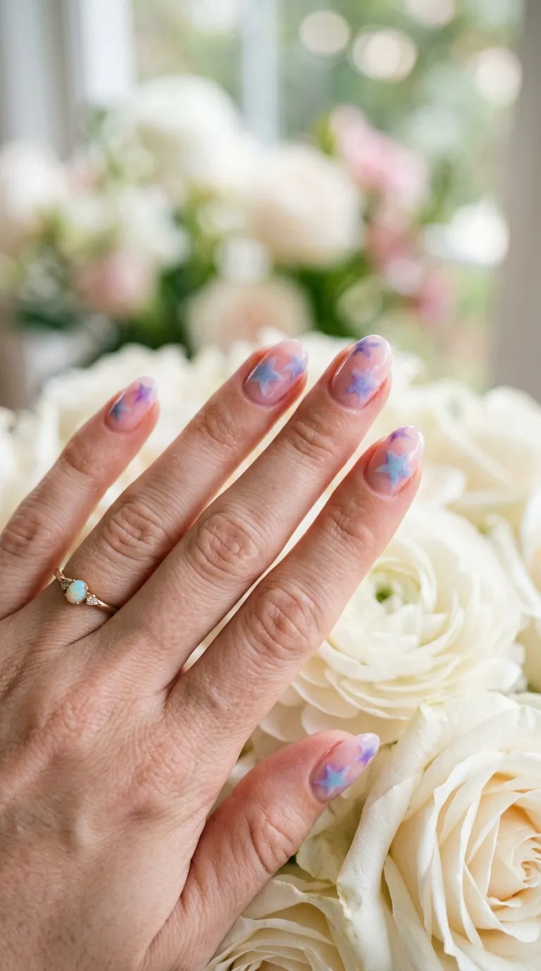 A soft, ethereal photograph of a hand with rounded nails in sheer pink, each nail featuring watercolor-style stars in blended pastel blue and purple tones, edges slightly fuzzy and dreamlike. The hand rests on a white petal-covered surface with soft bokeh in the background. Shot with a Sony A7C II and Zeiss 55mm f/1.8 lens under diffused natural light.