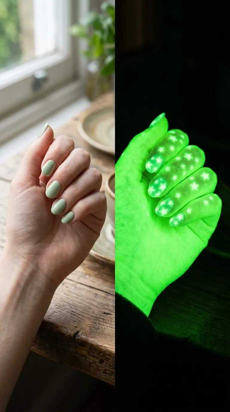 A split photograph showing a hand with round nails painted in light green in natural daylight on the left half, and the same hand glowing bright neon green with visible star shapes in a dark room on the right half. The dark side shows the stars emitting a soft phosphorescent glow. Shot with a Canon EOS R5 using long exposure on the dark side.