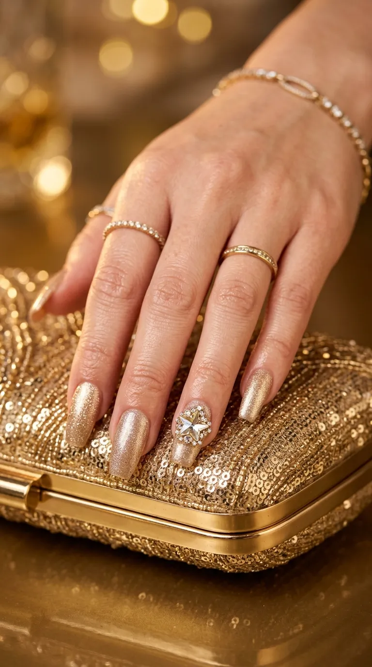 A glamorous close-up of a hand with tapered square nails in champagne gold shimmer, the ring finger decorated with a single large star-shaped rhinestone surrounded by smaller round rhinestones. The hand is draped over a gold clutch purse. Warm studio lighting with golden reflections. Shot with a Nikon Z8 and 85mm f/1.4 lens.