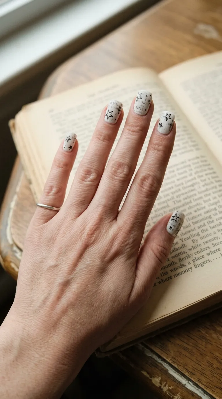 A creative close-up photograph of a hand with short square nails showing faint newsprint text transferred onto a white base, with hand-drawn black ink star outlines layered on top of the text. The hand rests on an open book page. Soft overcast window light creates an even tone. Shot with a Leica M11 and 50mm Summilux lens.