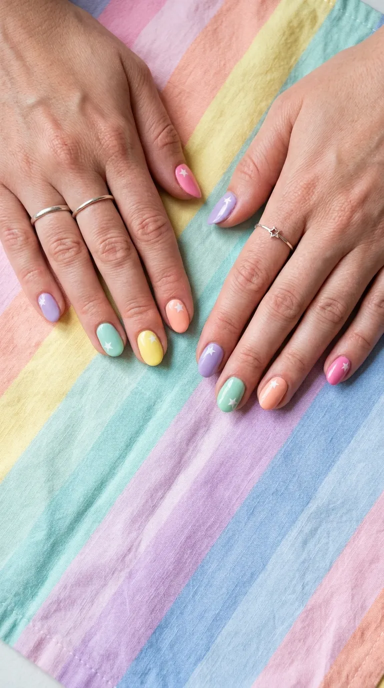 A cheerful overhead photograph of both hands with short oval nails, each nail painted a different pastel color — pink, peach, yellow, mint, and lavender — with a single tiny white star hand-painted on each nail in a different position. The hands are placed on a pastel rainbow-striped cloth. Bright, even daylight. Shot with a Fujifilm X-H2S and 56mm f/1.2 lens.