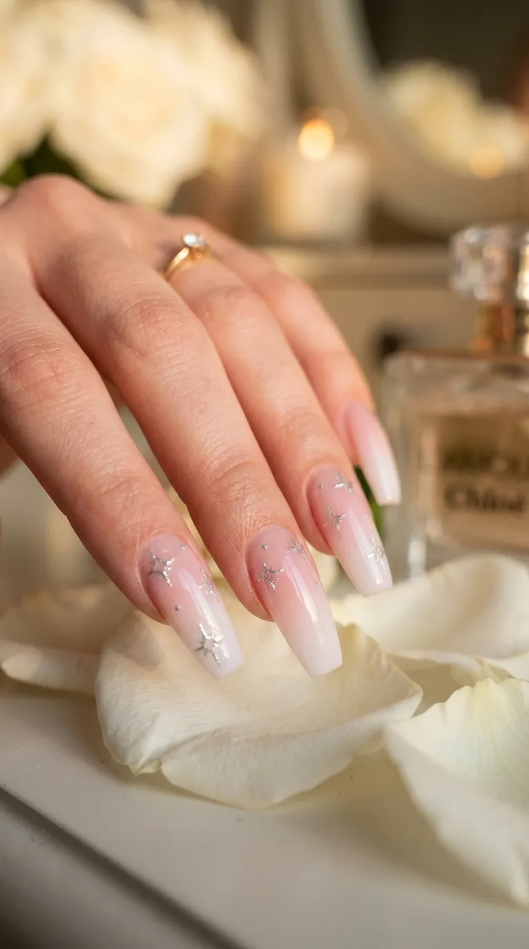 An elegant close-up of a hand with long coffin-shaped nails featuring a soft white-to-pink babyboomer gradient, with delicate silver star outlines hand-painted along the gradient transition line on each nail. The hand rests on a white rose petal beside a glass perfume bottle. Soft golden hour lighting. Shot with a Sony A7R V and FE 90mm f/2.8 macro G OSS lens.