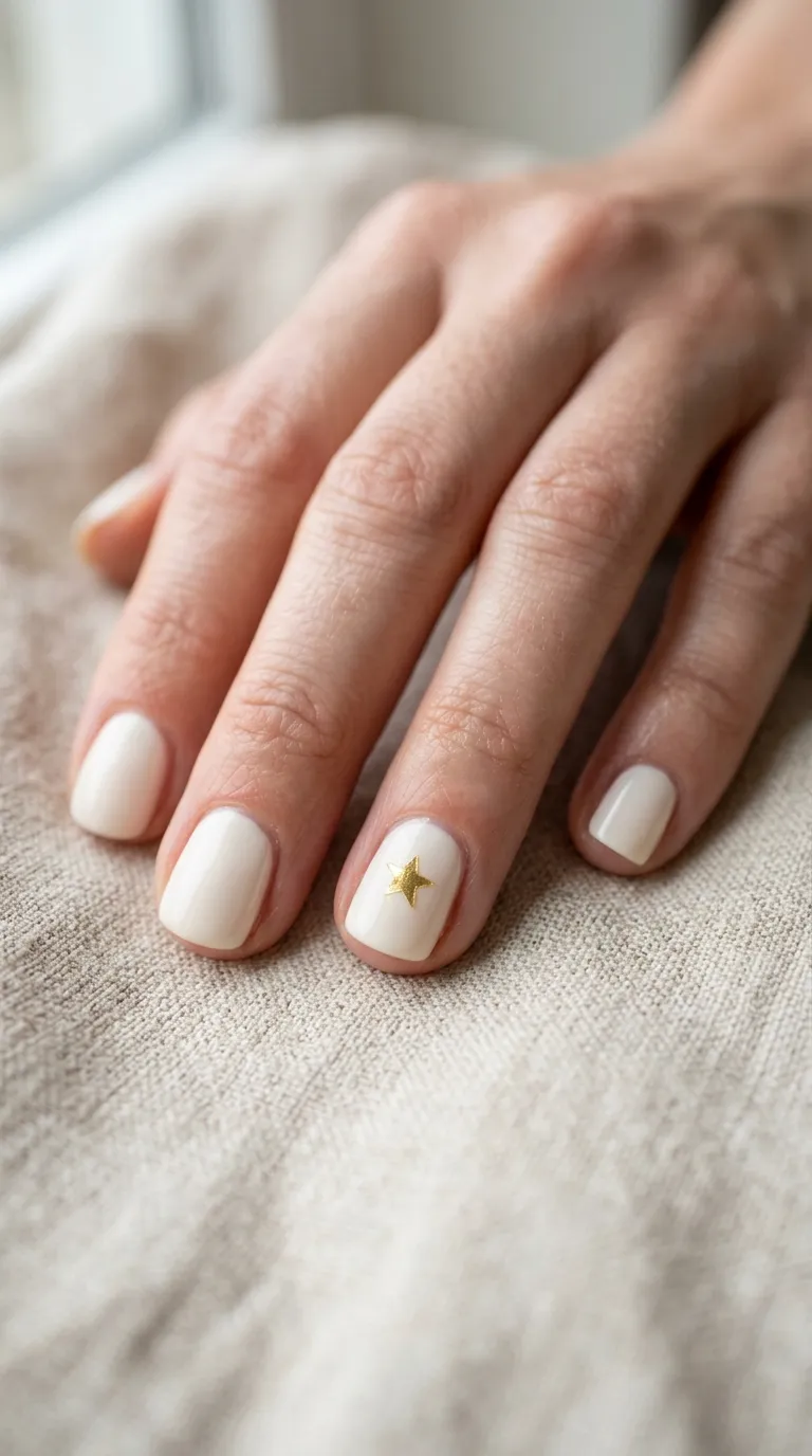 A macro photograph of a single hand with short rounded nails painted in creamy white, the ring finger featuring one small metallic gold star sticker centered on the nail bed. The hand rests on a linen cloth under soft diffused daylight. Tiny sparkles catch the light on the star's surface. Shot with a 100mm macro lens on a Nikon Z9.