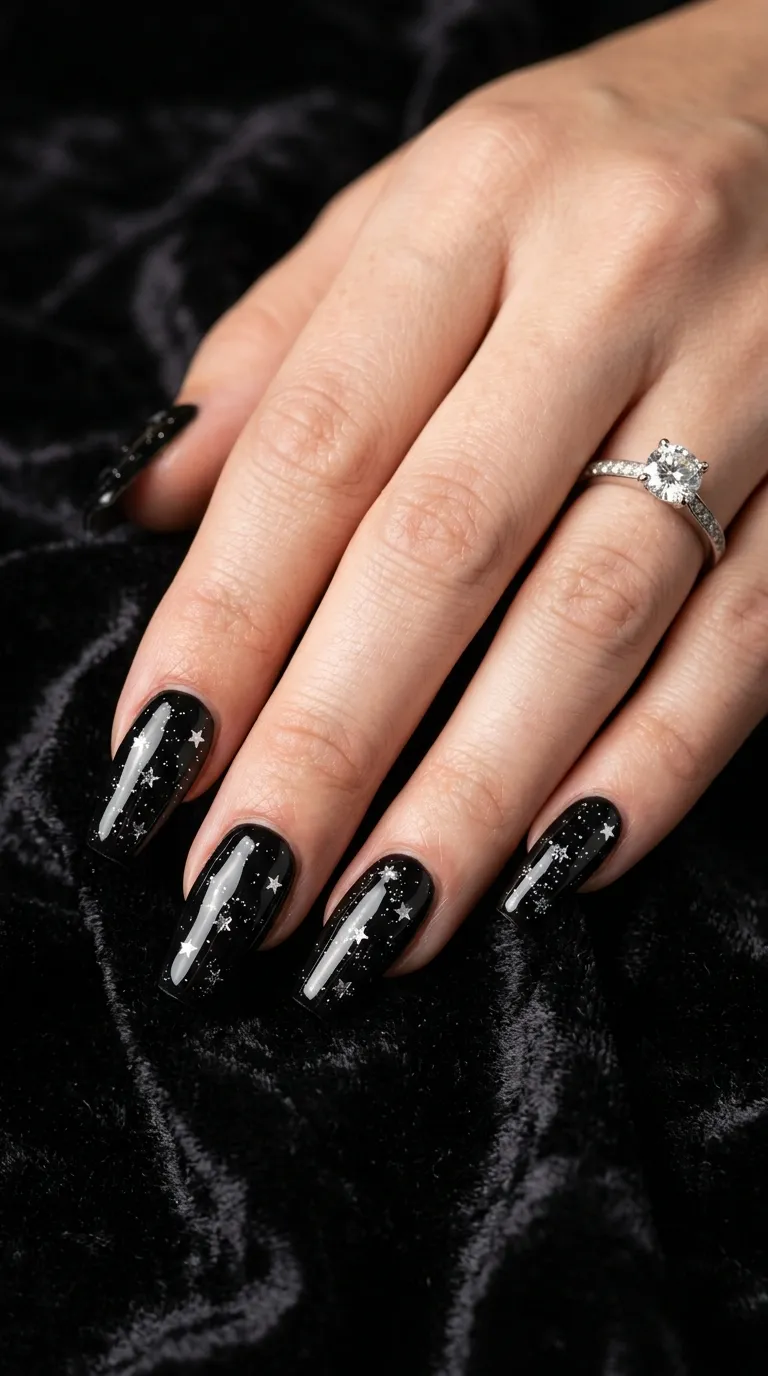 A dramatic close-up of coffin-shaped nails painted in glossy jet black with scattered tiny silver star-shaped glitter pieces pressed into the wet polish. The hand is posed against a dark velvet background, with a single ring catching ambient light. Shot under studio lighting with a Sony A7R V and 90mm macro lens.