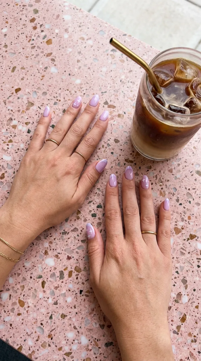 A top-down photograph of both hands with oval nails featuring pastel lilac French tips, each accent nail decorated with two tiny white star outlines near the cuticle area. The hands rest flat on a pink terrazzo countertop beside a cup of iced coffee. Natural afternoon light, shot with a Fujifilm GFX 100S.