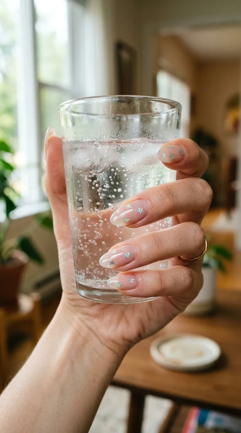 A close-up photograph of slender fingers with medium-length nails coated in clear glossy polish, each nail containing a few small holographic star sequins suspended within the layers. The hand holds a glass of sparkling water with visible bubbles, soft natural light from a nearby window. Shot on a Leica SL2 with a 50mm Summilux lens.