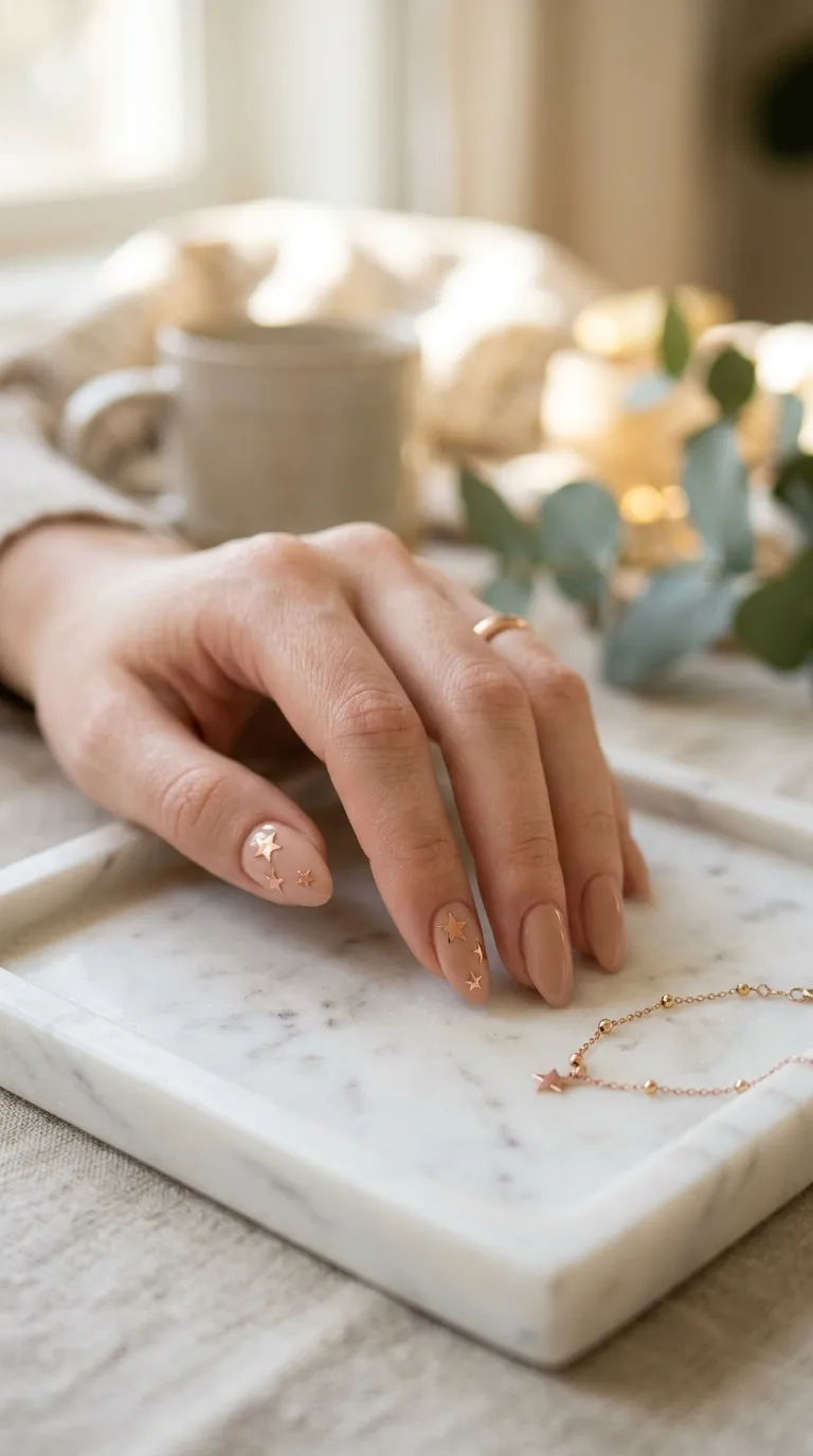 A softly lit photograph of a woman's hand with medium almond-shaped nails in a warm nude tone, three rose gold foil stars of varying sizes placed diagonally across the index and middle finger nails. The hand rests on a white marble tray next to a gold bracelet. Shot with a Canon RF 85mm f/1.2 lens, creamy bokeh in the background.