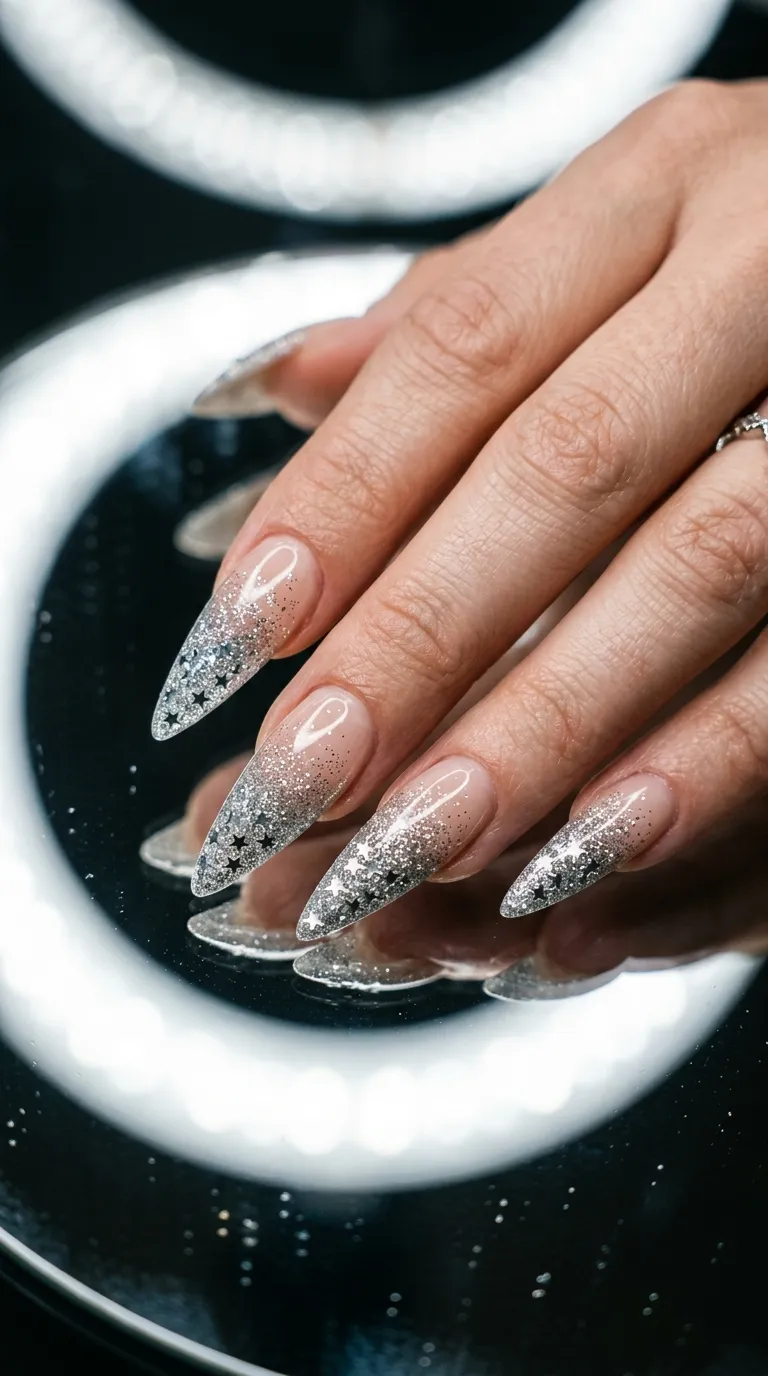 A macro photograph of stiletto-shaped nails with a silver glitter gradient that starts sparse at the cuticle and becomes dense toward the free edge, where tiny silver star-shaped glitters cluster at the tips. The hand is angled to catch overhead ring light, set against a mirrored surface. Shot with an Olympus OM-1 and 60mm macro lens.