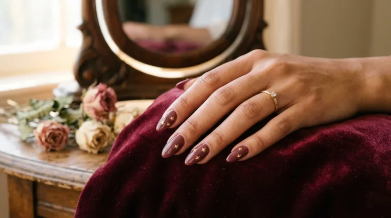 A close-up photograph of a woman's hand resting on a velvet surface, showcasing almond-shaped nails painted in muted burgundy with tiny gold star accents. Soft warm lighting casts gentle shadows. The background features a blurred antique mirror and dried roses. Shot with shallow depth of field on a full-frame camera, highlighting the glossy nail finish and metallic star details.