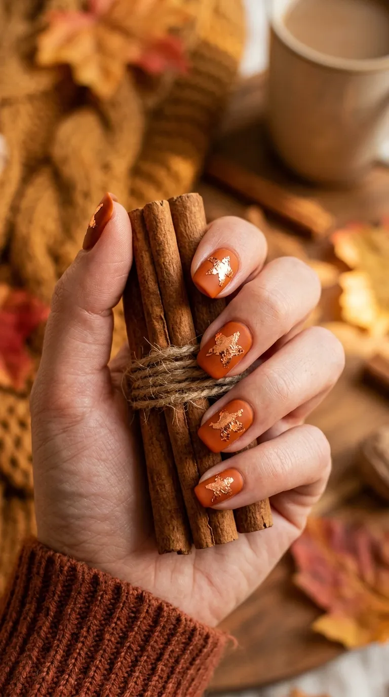 A warm autumn-toned photograph of squoval nails painted in a saturated burnt orange with irregular copper foil pieces shaped into rough star forms pressed into the surface. The hand holds a bundle of cinnamon sticks tied with twine. Rich amber side lighting creates depth and warmth. Shot with a 50mm lens at f/2.5, capturing the foil texture catching light against the matte burnt orange base.