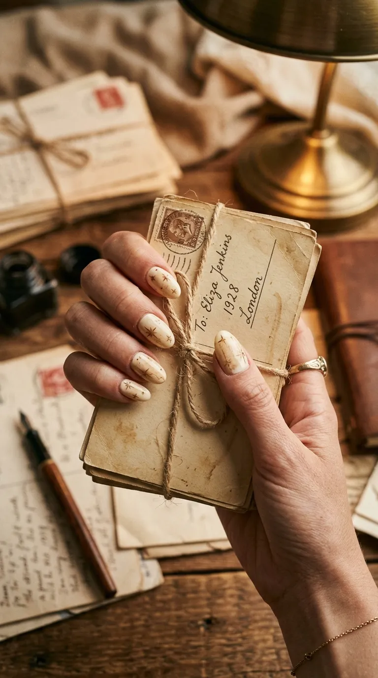 A nostalgic photograph of oval nails painted in warm ivory with sepia-toned star designs and faint aged-paper texture effects created with thin brown wash strokes. The hand holds a stack of old sepia postcards tied with a thin string. Warm directional lighting mimics the glow of an old desk lamp. Shot with a vintage-style lens, capturing the warm ivory base and the faded sepia star artwork reminiscent of old correspondence.