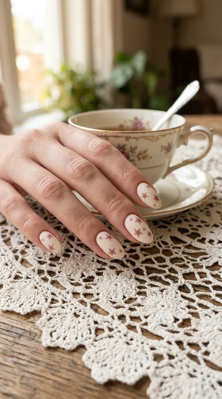 A macro photograph of a hand with oval nails painted in a soft cream base color, each nail featuring small dusty rose-colored star shapes. The hand rests on a lace doily beside a porcelain teacup. Natural window light illuminates the scene. Shot with a 100mm macro lens, capturing the matte texture of the polish and the precise star outlines.