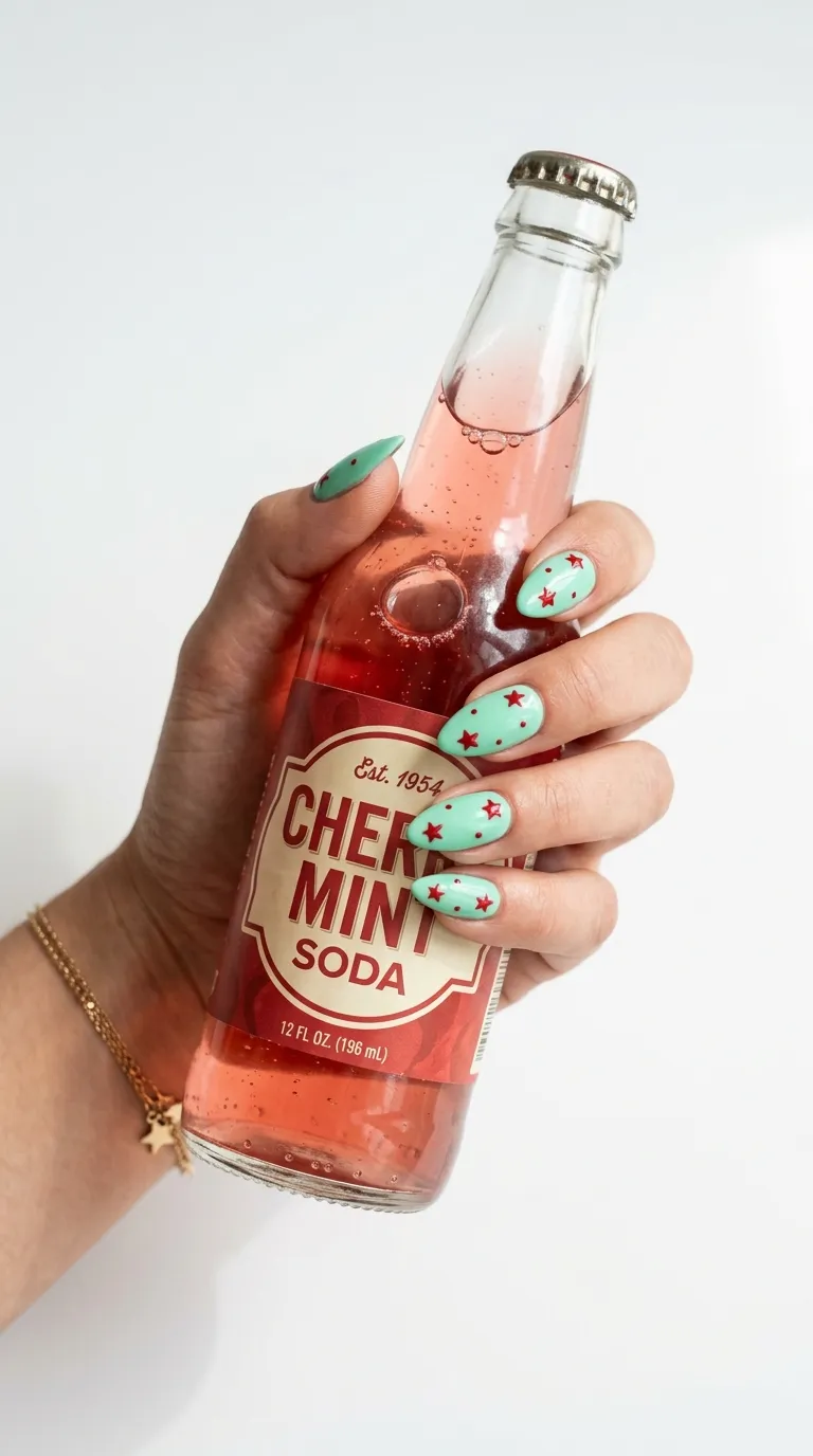 A bright photograph of almond-shaped nails in a cool mint green base with small cherry-red star details and tiny red dots. The hand holds a vintage glass soda bottle. Clean white background with soft shadows. Shot with studio lighting on a mirrorless camera, capturing the playful contrast between the mint green and cherry red tones.
