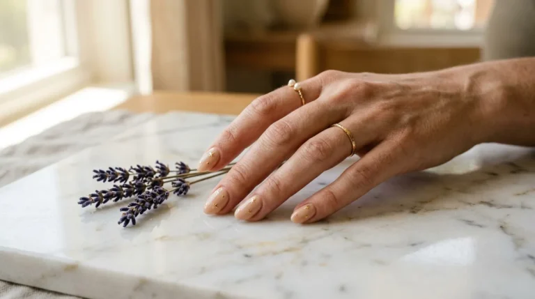 A close-up photograph of a woman's hand resting on a white marble surface, featuring short almond-shaped nails painted in soft nude polish with tiny gold star accents. Natural window light casts a warm glow across her fingers. A sprig of dried lavender lies beside her hand. Shallow depth of field, shot on a Canon EOS R5 with a 100mm macro lens.