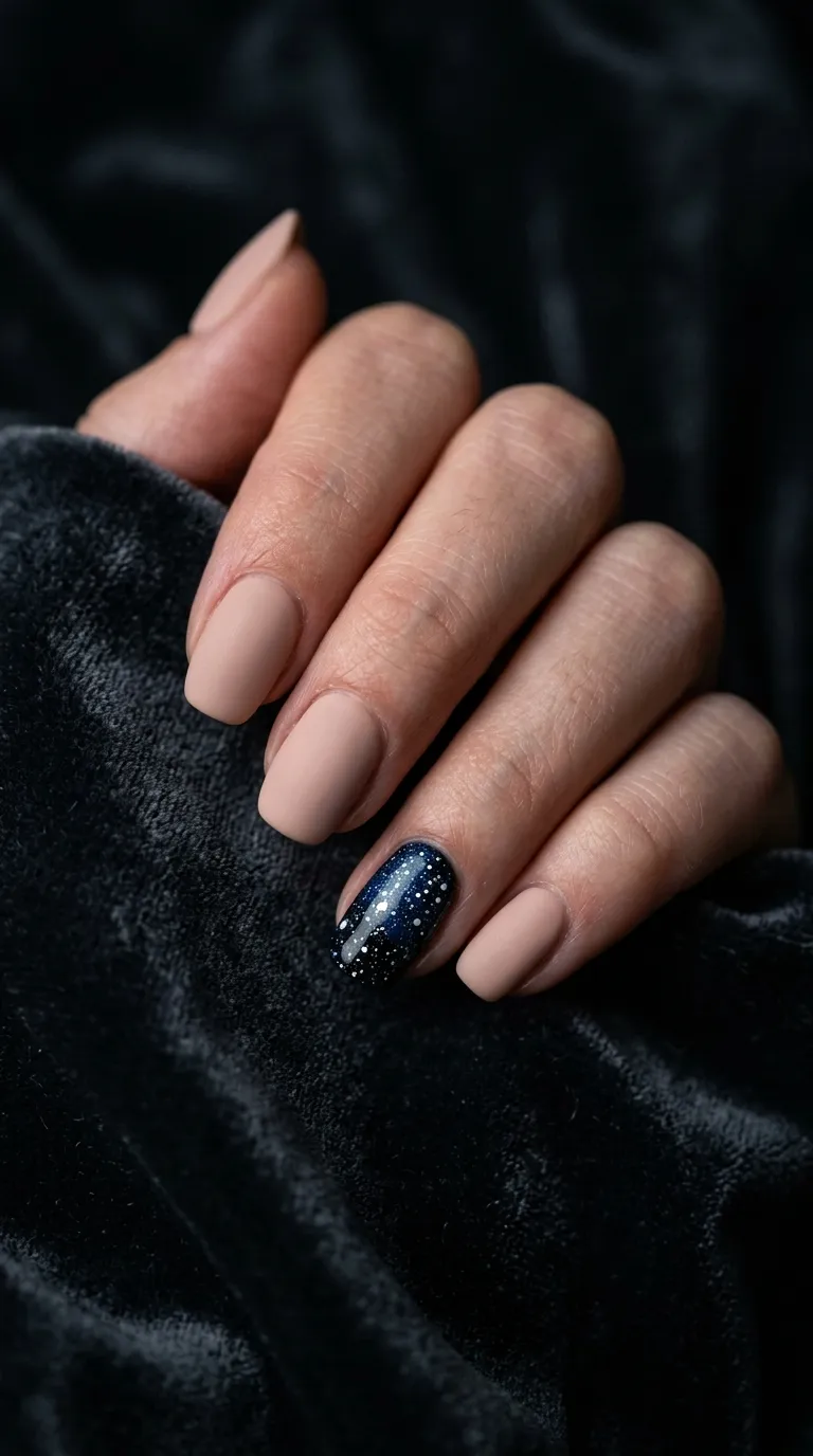 A photograph of a hand with short round nails in matte lavender polish, each nail adorned with one flat gold metallic star near the center. Hand rests on a dried lavender bundle on a light wooden surface. Soft, dreamy lighting. Shot on a Nikon Z7II with a 105mm macro lens.