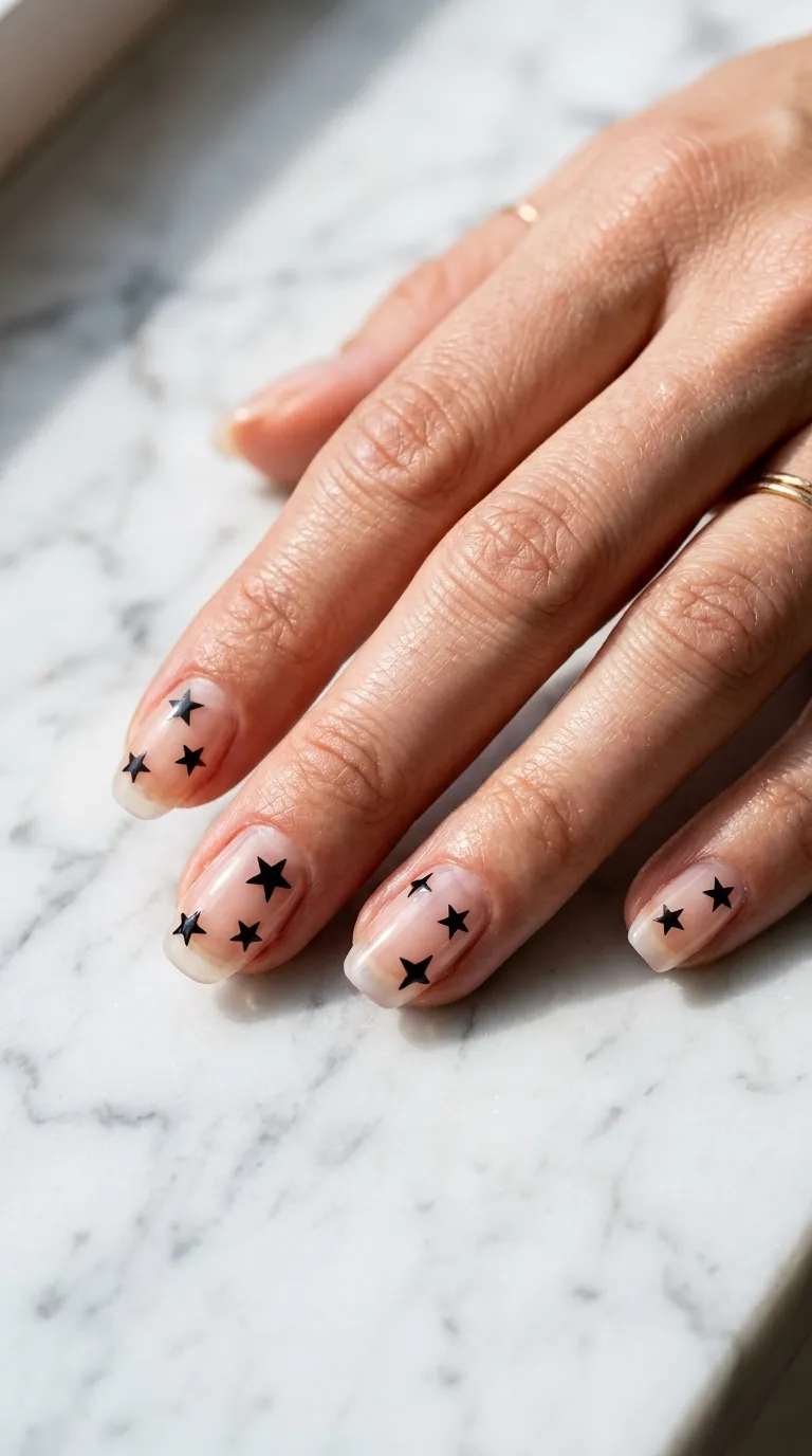 A bright photograph of a hand with short round nails in light baby blue polish with sparse silver star-shaped confetti pressed into the polish surface. Hand rests on a sky-blue napkin beside a glass of iced lemonade. Summery, cheerful lighting. Shot on a Fujifilm X-T5 with a 60mm macro lens.