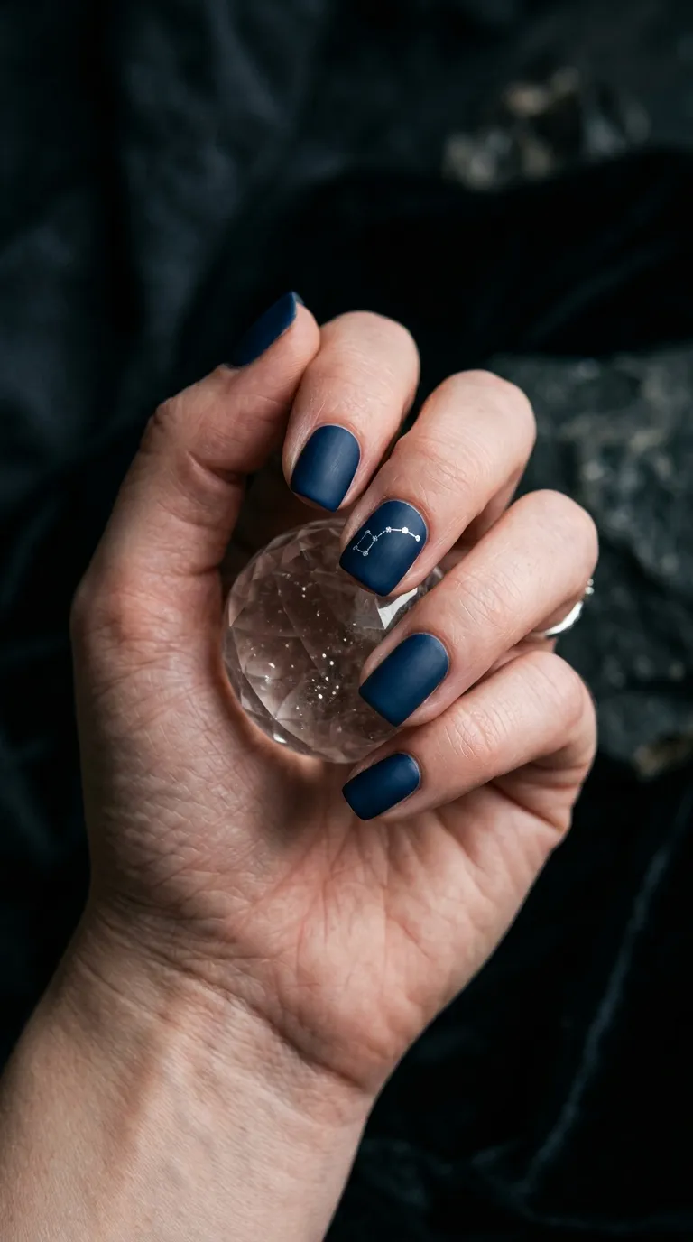 A close-up of a woman's left hand with short square nails in matte navy blue polish, the middle finger featuring a delicate constellation pattern drawn in fine silver dots connected by thin silver lines. Hand holds a small crystal sphere. Dark moody background. Shot on a Fujifilm GFX 100S with a macro lens.