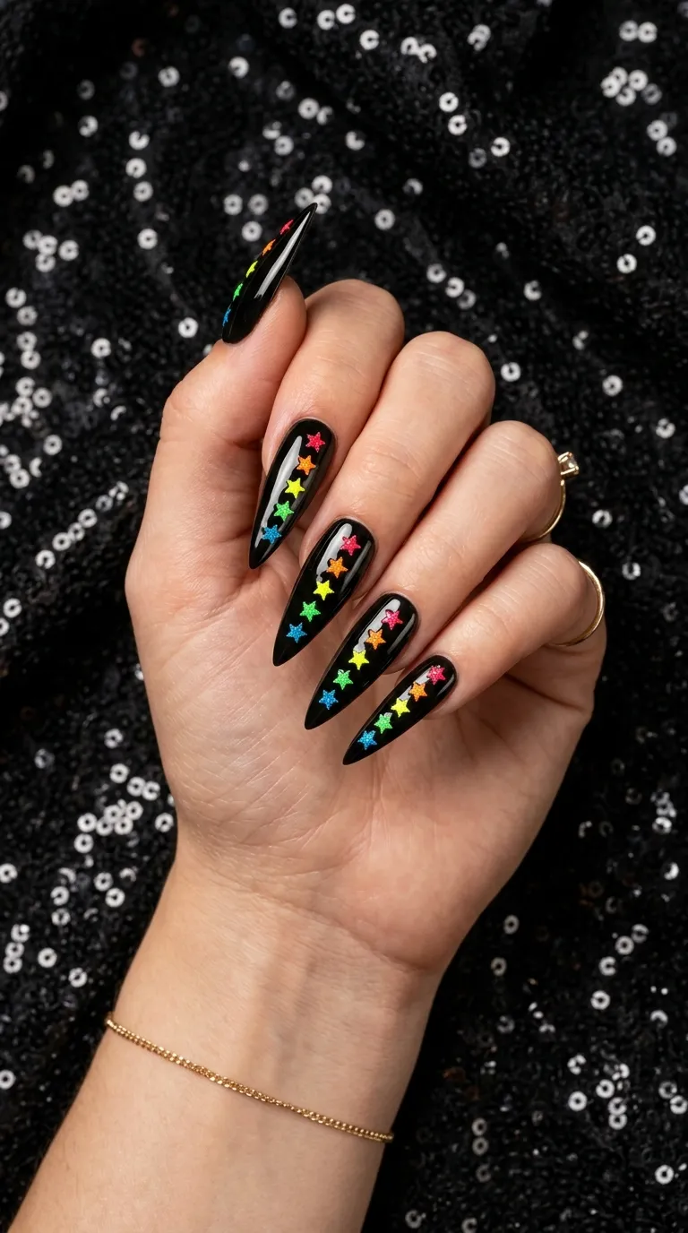 A photograph of a hand with oval-shaped nails featuring a reverse French manicure where the cuticle area is painted in bright neon lime green in a curved crescent shape and the rest of the nail is glossy black. A single small white star sits at the center of each nail. The hand holds a lime slice. Bright natural light, clean white background.