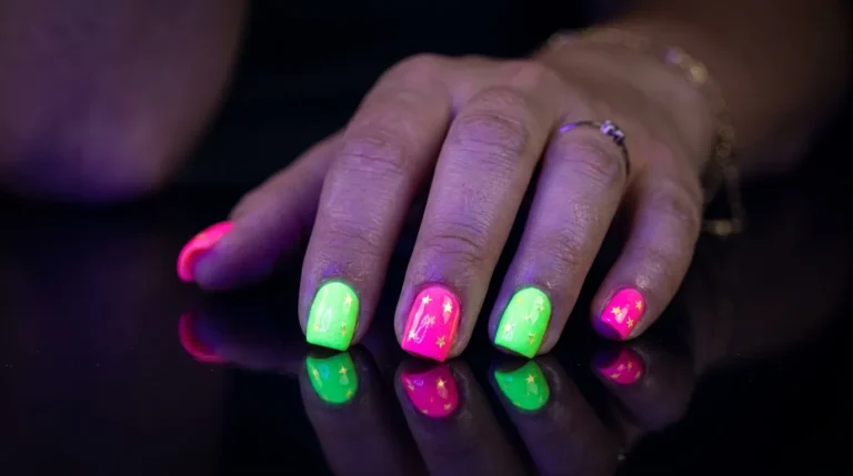 A close-up photograph of a woman's hand resting on a glossy black surface, her nails painted in vivid neon pink and electric green with tiny star shapes glowing under ultraviolet light. Each nail catches sharp reflections, and the background fades into deep shadow. Shot with a macro lens, shallow depth of field, studio lighting with a faint purple UV glow illuminating the neon pigments.