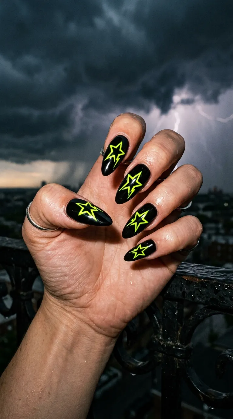 A dramatic photograph of a hand with glossy jet-black nails, each decorated with neon yellow star shapes that have jagged, lightning-bolt-style points instead of smooth curves. The hand is posed with fingers slightly curled against a dark stormy backdrop image. Harsh directional lighting creating sharp highlights on the glossy black surface.